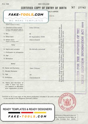 New Zealand birth certificate template in PSD format, fully editable