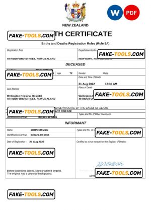 New Zealand death certificate Word and PDF template, completely editable