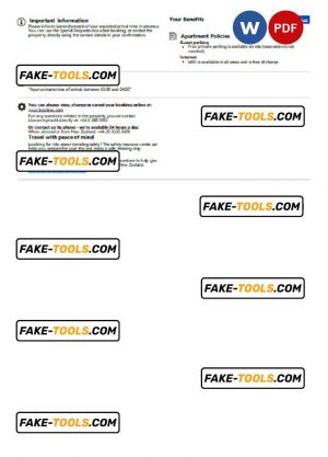 New Zealand hotel booking confirmation Word and PDF template, 2 pages
