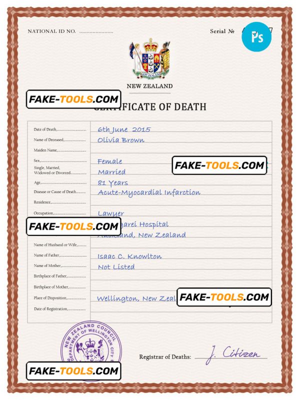 New Zealand vital record death certificate PSD template