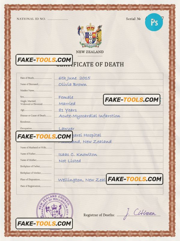 New Zealand vital record death certificate PSD template