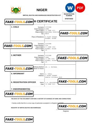 Niger birth certificate Word and PDF template, completely editable