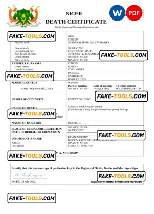 Niger death certificate Word and PDF template, completely editable
