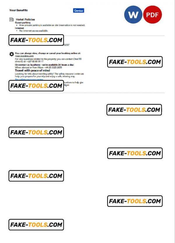 Niger hotel booking confirmation Word and PDF template, 2 pages