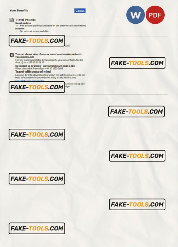 Niger hotel booking confirmation Word and PDF template, 2 pages scan effect