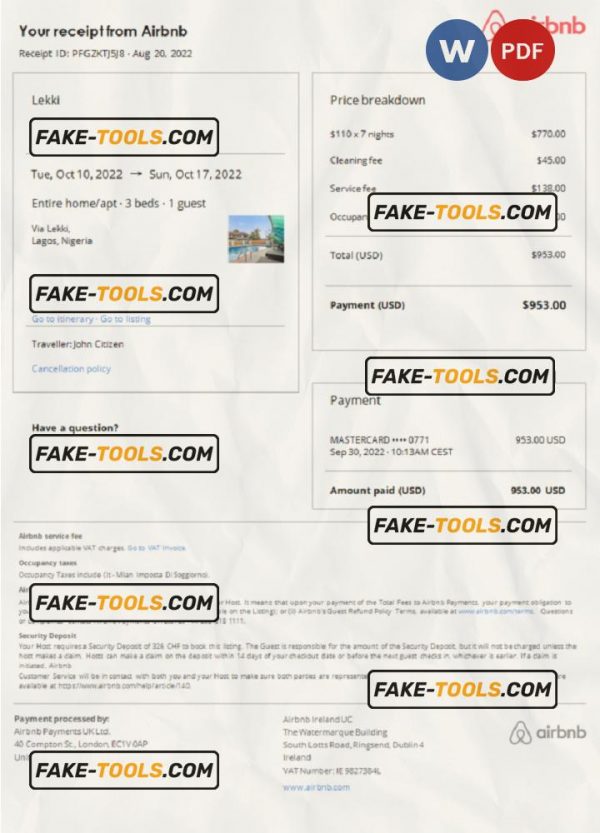 Nigeria Airbnb booking confirmation Word and PDF template scan effect