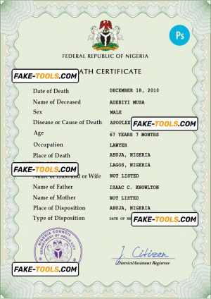 Nigeria vital record death certificate PSD template, fully editable