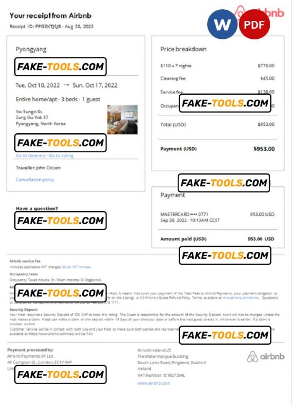 North Korea Airbnb booking confirmation Word and PDF template