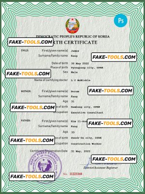 North Korea birth certificate PSD template, completely editable