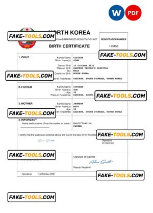 North Korea birth certificate Word and PDF template, completely editable