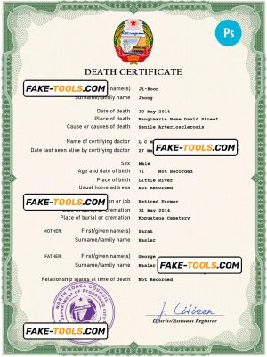North Korea death certificate PSD template, completely editable