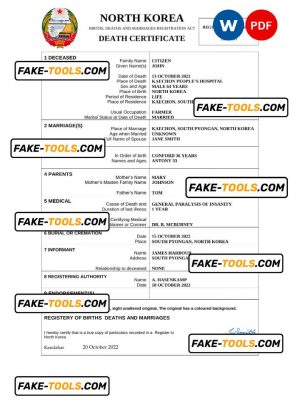 North Korea vital record death certificate Word and PDF template