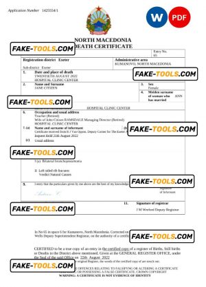 North Macedonia death certificate Word and PDF template, completely editable