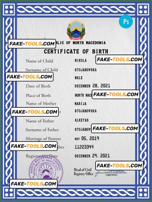 North Macedonia vital record birth certificate PSD template