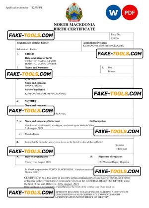 North Macedonia vital record birth certificate Word and PDF template, completely editable