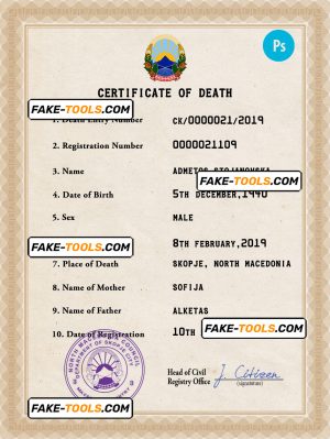 North Macedonia vital record death certificate PSD template