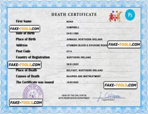 Northern Ireland death certificate PSD template, completely editable