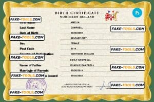 Northern Ireland vital record birth certificate PSD template, fully editable