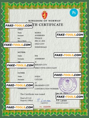 Norway birth certificate PSD template, completely editable