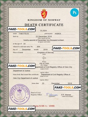 Norway vital record death certificate PSD template, completely editable