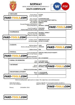 Norway vital record death certificate Word and PDF template
