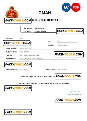 Oman birth certificate Word and PDF template, completely editable
