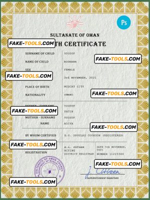 Oman vital record birth certificate PSD template