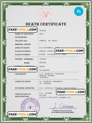 Oman vital record death certificate PSD template, fully editable