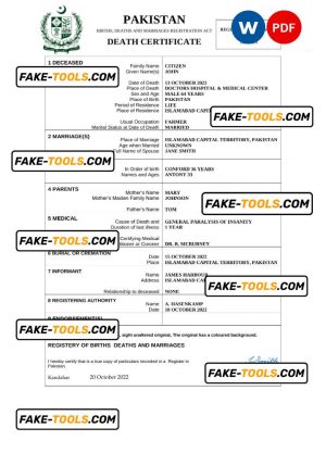 Pakistan death certificate Word and PDF template, completely editable