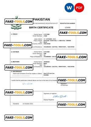 Pakistan vital record birth certificate Word and PDF template, completely editable