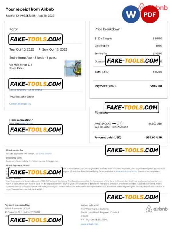 Palau Airbnb booking confirmation Word and PDF template