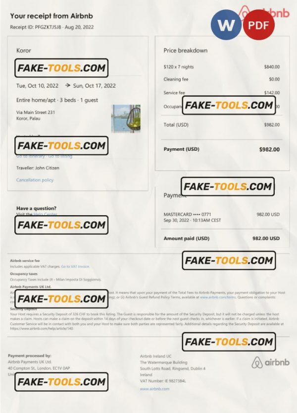 Palau Airbnb booking confirmation Word and PDF template scan effect