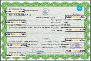 Palau birth certificate PSD template, completely editable