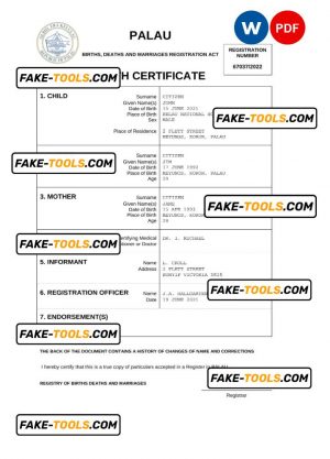 Palau birth certificate Word and PDF template, completely editable