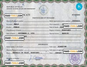 Palau death certificate PSD template, completely editable