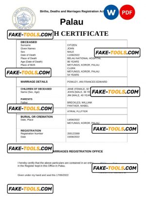 Palau vital record death certificate Word and PDF template