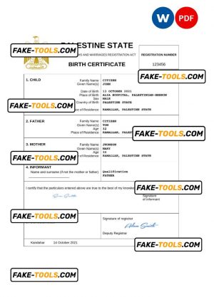 Palestine vital record birth certificate Word and PDF template, completely editable
