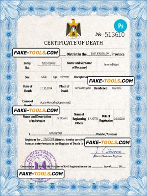 Palestine vital record death certificate PSD template, completely editable