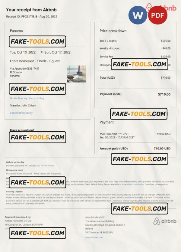 Panama Airbnb booking confirmation Word and PDF template scan effect