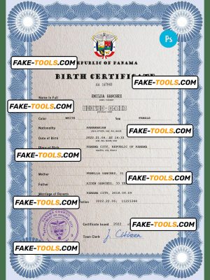 Panama vital record birth certificate PSD template, fully editable