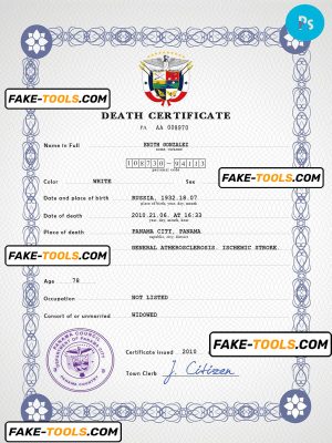 Panama vital record death certificate PSD template, fully editable