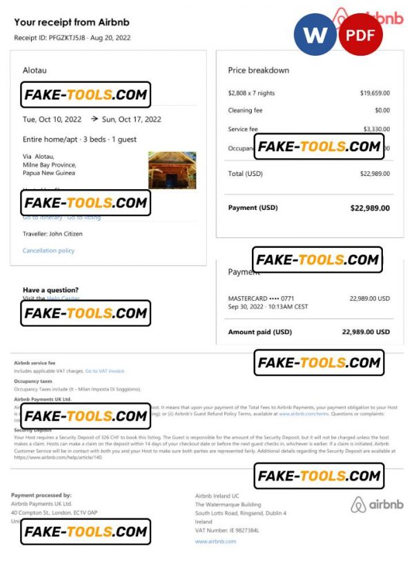 Papua New Guinea Airbnb booking confirmation Word and PDF template