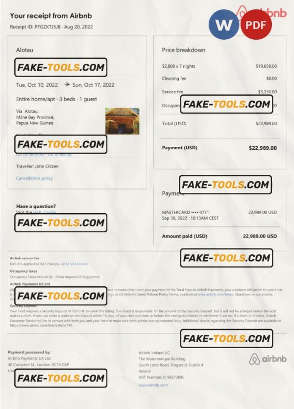 Papua New Guinea Airbnb booking confirmation Word and PDF template scan effect