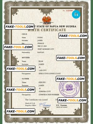 Papua New Guinea birth certificate PSD template, completely editable