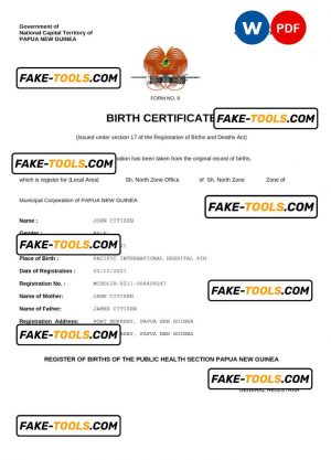 Papua New Guinea vital record birth certificate Word and PDF template, completely editable