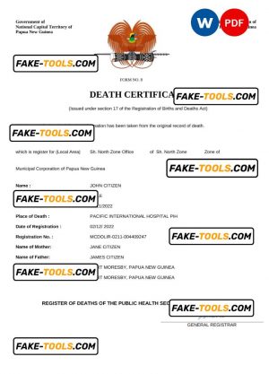 Papua New Guinea vital record death certificate Word and PDF template