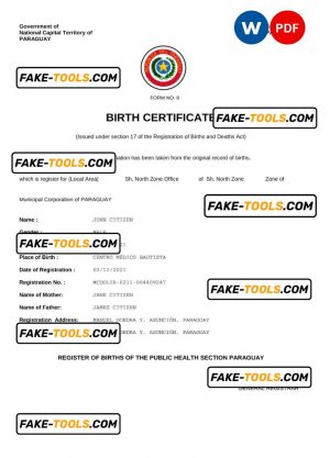 Paraguay birth certificate Word and PDF template, completely editable
