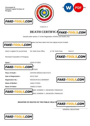 Paraguay death certificate Word and PDF template, completely editable