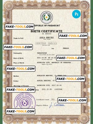 Paraguay vital record birth certificate PSD template