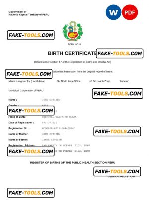 Peru birth certificate Word and PDF template, completely editable